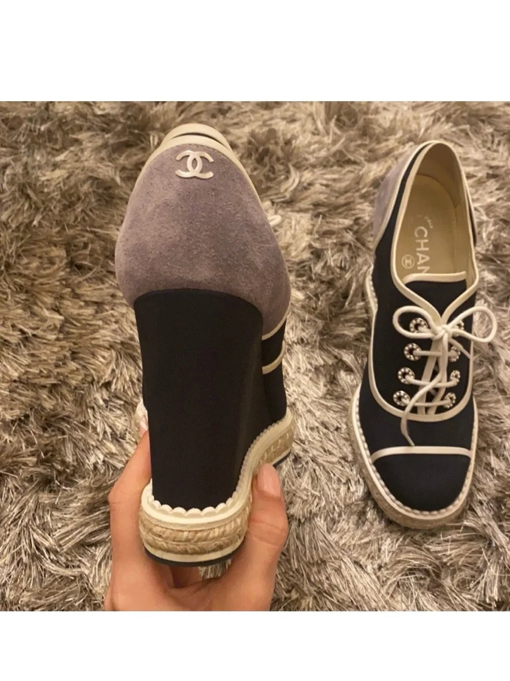 CHANEL Navy Blue Lace-Up Espadrille Wedge Sneakers with White Trim and Pearls